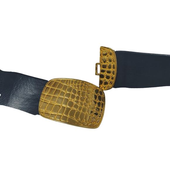 Wide Blue Leather Belt Gold Crocodile Print Huge Belt Buckle Hook Closure OS main image 4
